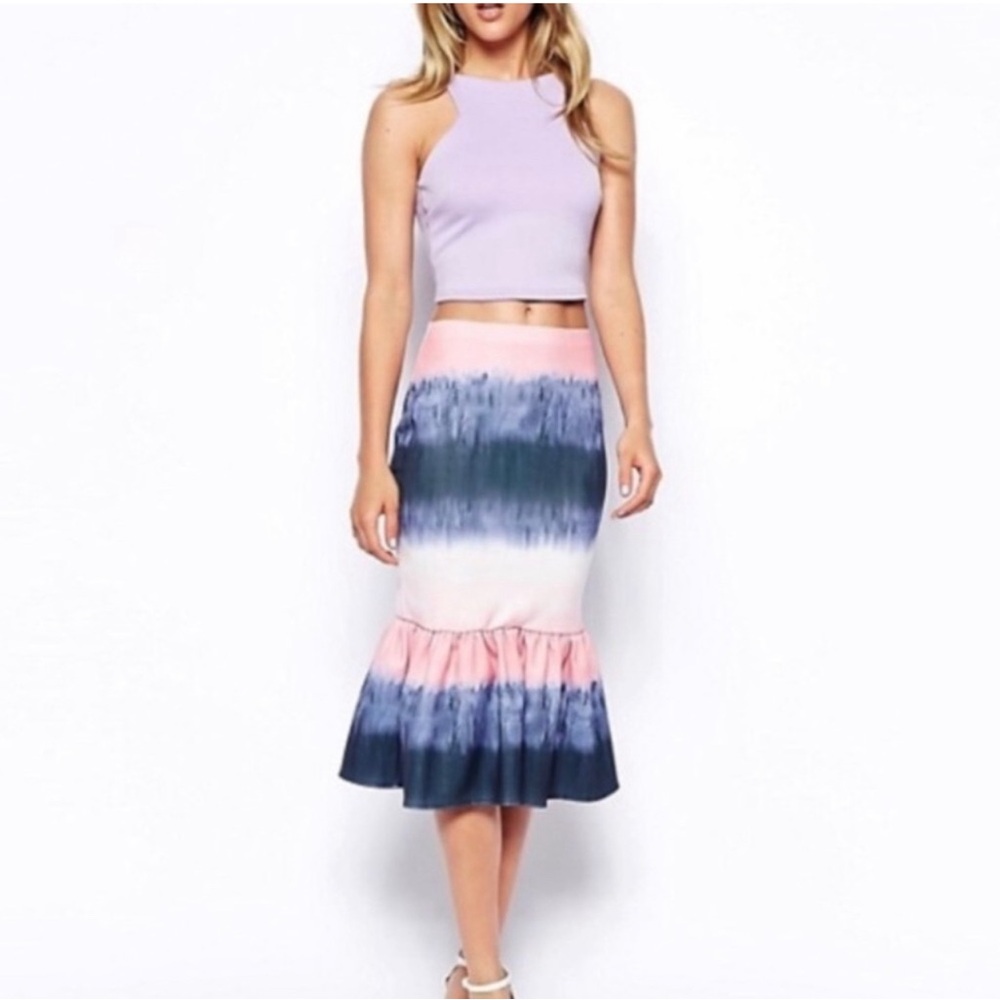 ASOS Peplum Hem Scuba Pencil Skirt In Watercolor Ombré Print